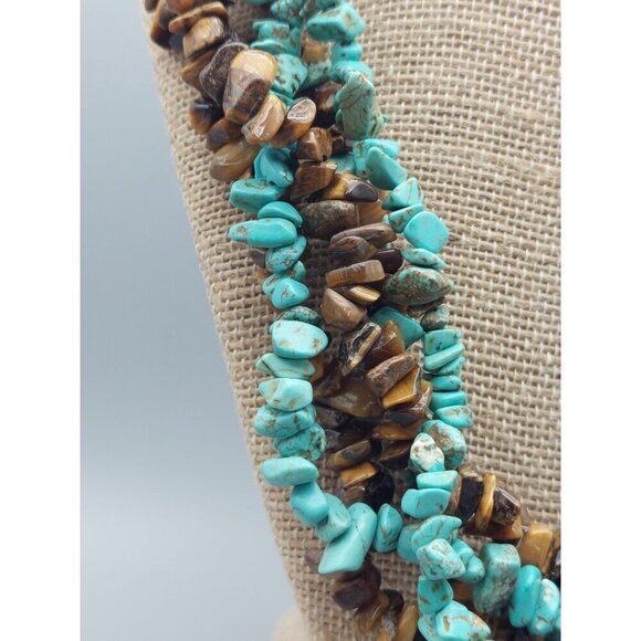 Artisan Boho Multi Strand Faux Turquoise & Tigers Eye Chip Stone Collar Necklace - Picture 5 of 7
